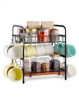 VEVOR - 2 Tier Coffee Bar Organizer for Countertop, Multifunctional Mug Holder and Coffee Station,12 Movable Hooks and 2 Shelves - Matte Black