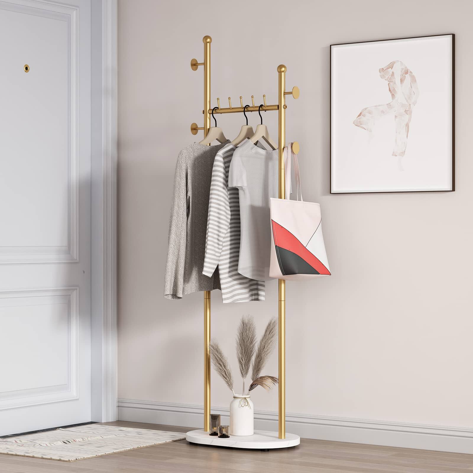 Front. Hirose Alice - Gold Clothing Rack With Shelves Gold Coat Rack Freestanding with Marble Base Coat Hanger Hat Tree Standing ... - C gold.