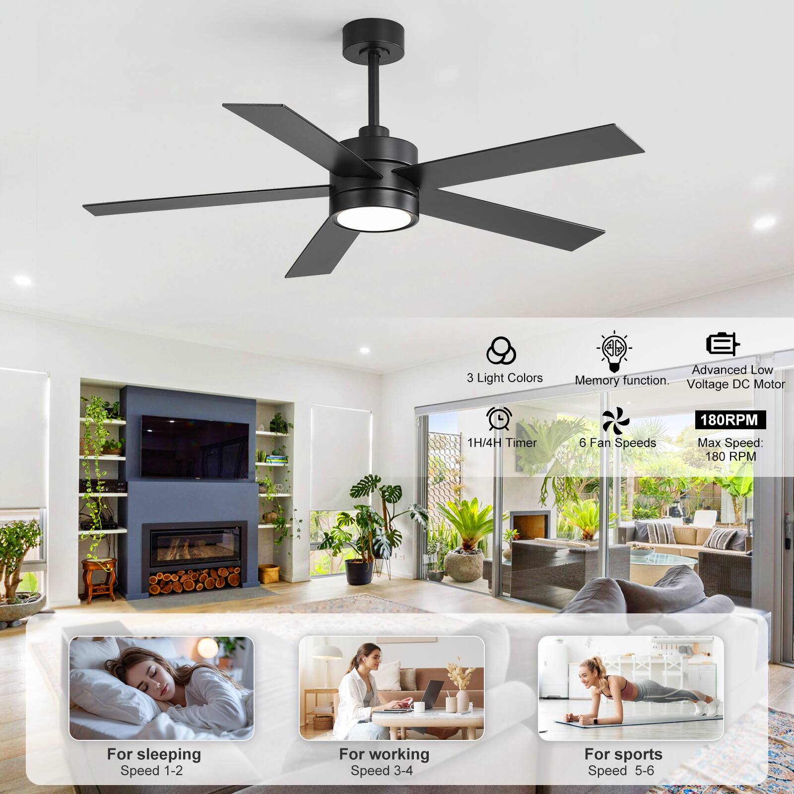 - 3 Light Colors
- Memory function
- Advanced Low Voltage DC Motor
- 1H/4H Timer
- 6 Fan Speeds
- 180 RPM
- Max Speed: 180 RPM
- For sleeping: Speed 1-2
- For working: Speed 3-4
- For sports: Speed 5-6
