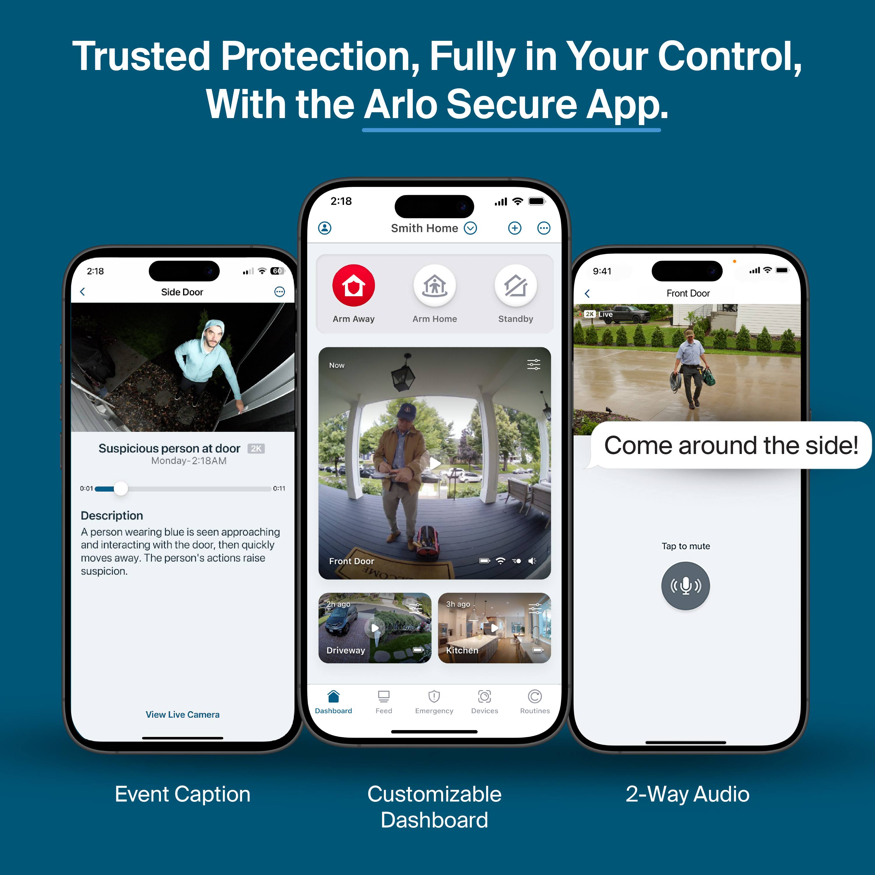 Trusted Protection, Fully in Your Control, With the Arlo Secure App.

- Event Caption
  - Suspicious person at door
  - Monday-2-18AM
  - Description: A person wearing blue is seen approaching and interacting with the door, then quickly moves away. The person's actions raise suspicion.

- Customizable Dashboard
  - Smith Home
  - Arm Away
  - Arm Home
  - Standby
  - Front Door
  - Driveway
  - Kitchen

- 2-Way Audio
  - Come around the side!
  - Tap to mute