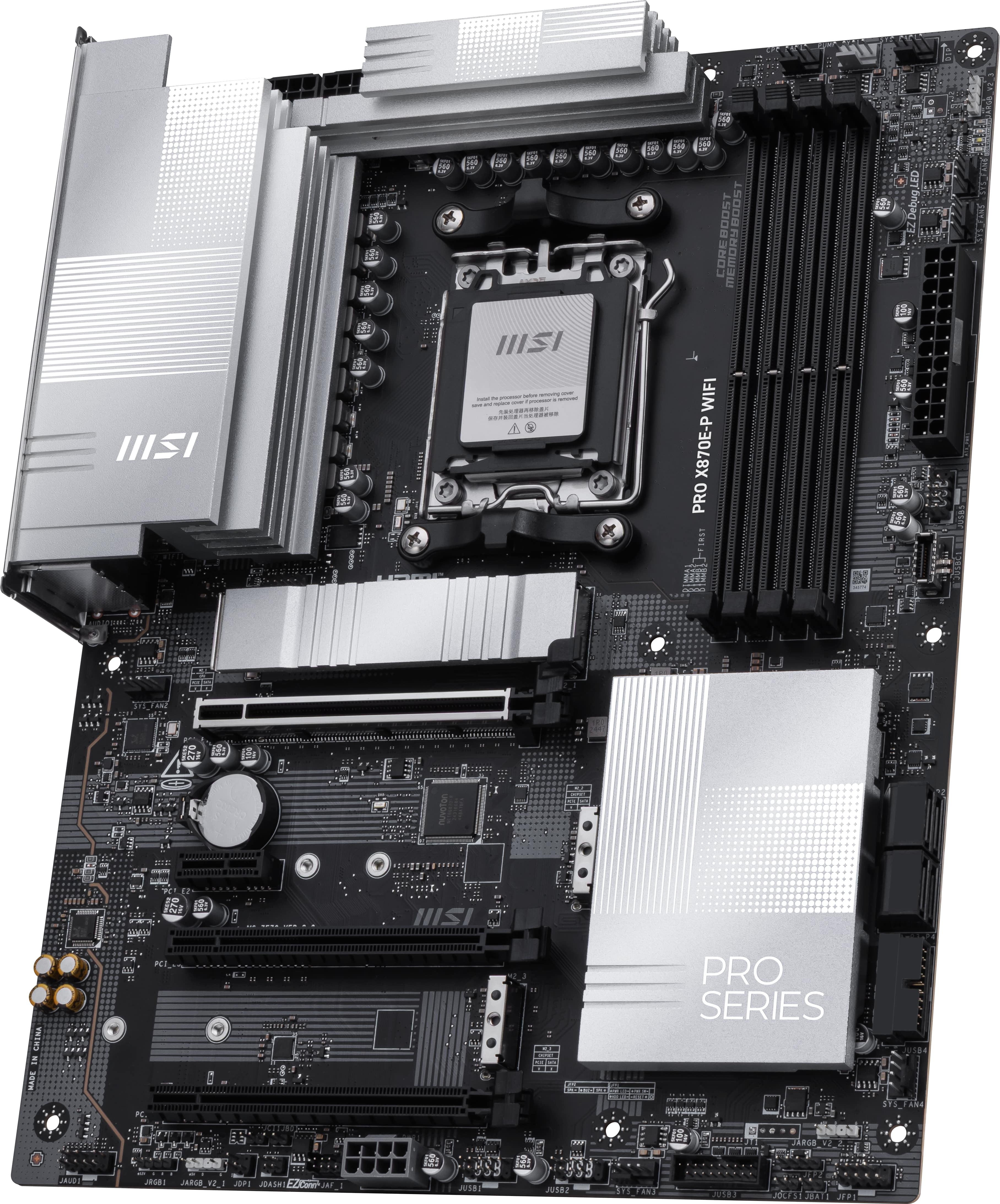 The image features a computer motherboard with a Pro Series logo. The motherboard has a black and white color scheme, and it is equipped with various components such as a CPU, RAM, and a GPU. The motherboard is designed for high-performance computing and is compatible with Intel Core processors. The image showcases the intricate details of the motherboard, highlighting its advanced features and capabilities.