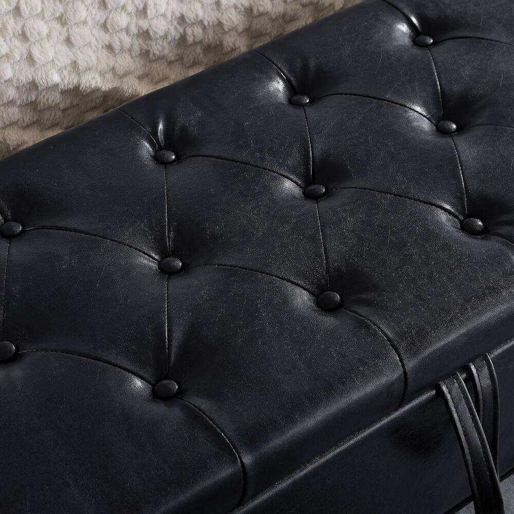 Back. Ropilly - Ropilly Black Tufted Storage Ottoman Bench with Safety Hinge, Upholstered Entryway Seating for Bedroom, 45 Inch - Black.