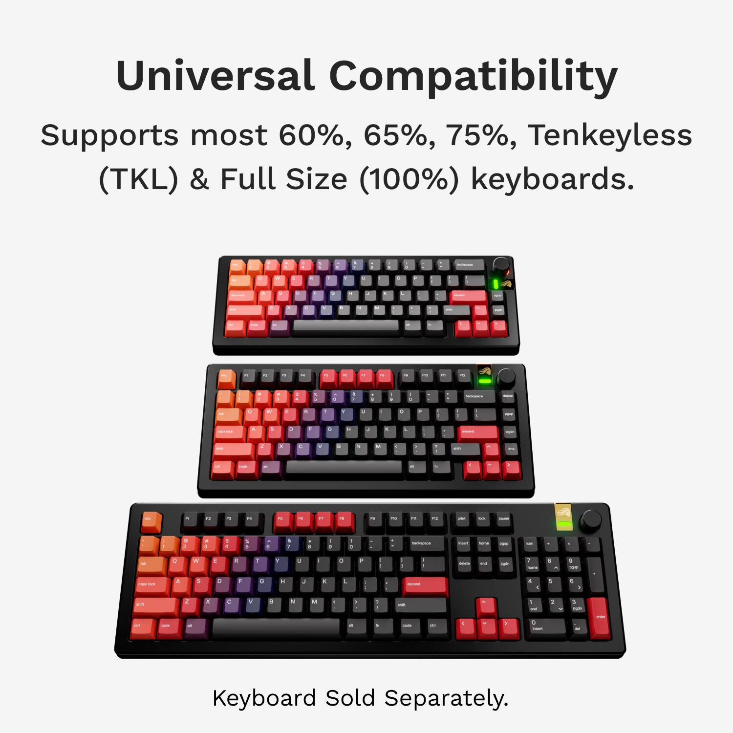 Universal Compatibility: Supports most 60%, 65%, 75%, Tenkeyless (TKL) & Full Size (100%) keyboards. Keyboard Sold Separately.