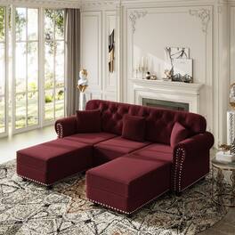 Anysun - 82.6" Velvet Chesterfield Sofa w/ Nailhead, Rolled Armrests, Button Tufted, 3 Pillows & 2 Ottomans, Mid-Century - Red