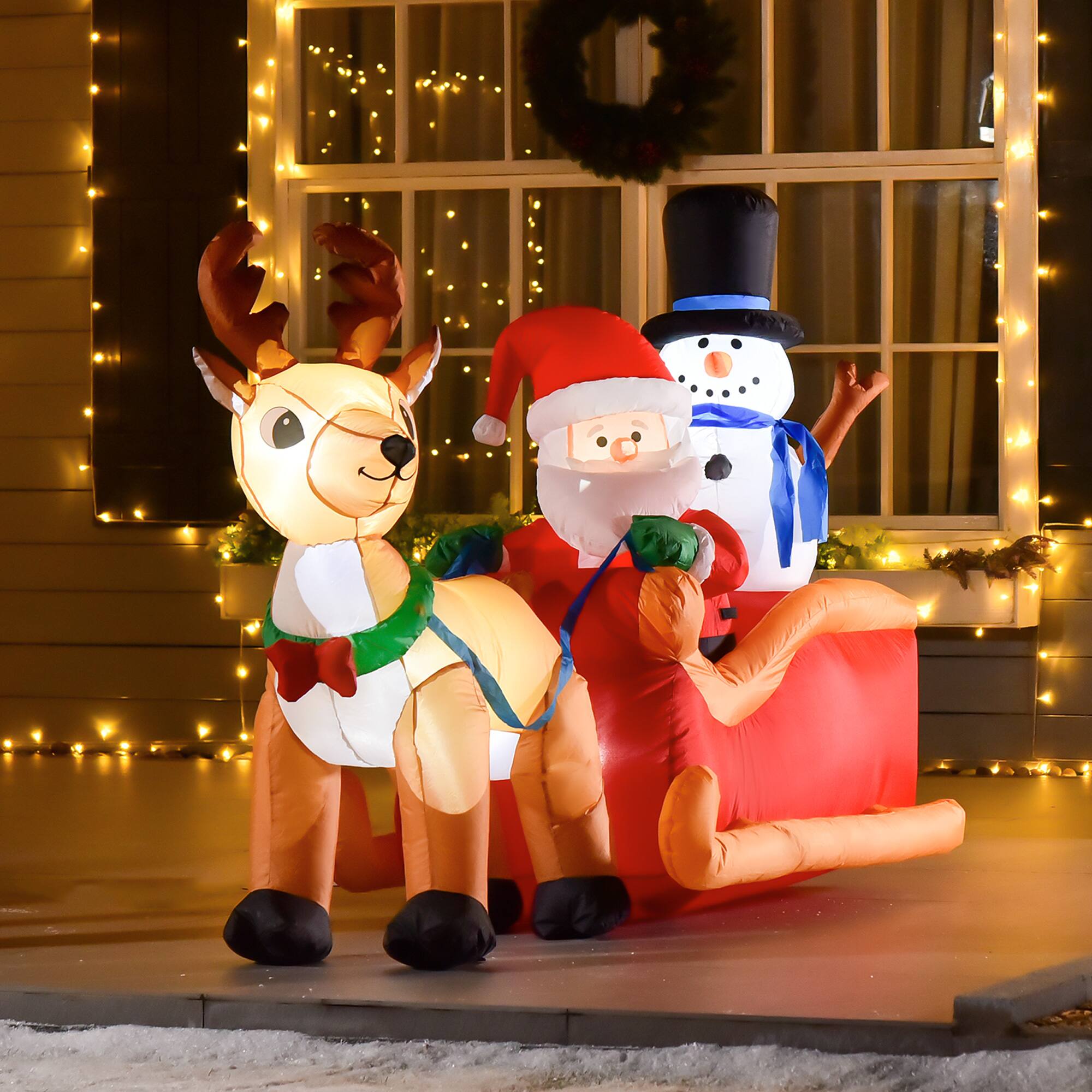 Alt View 1. Homcom - 6.5ft Inflatable Santa on Sleigh with Reindeer & Snowman, Outdoor Yard Decor, LED Lights - Red, Yellow.
