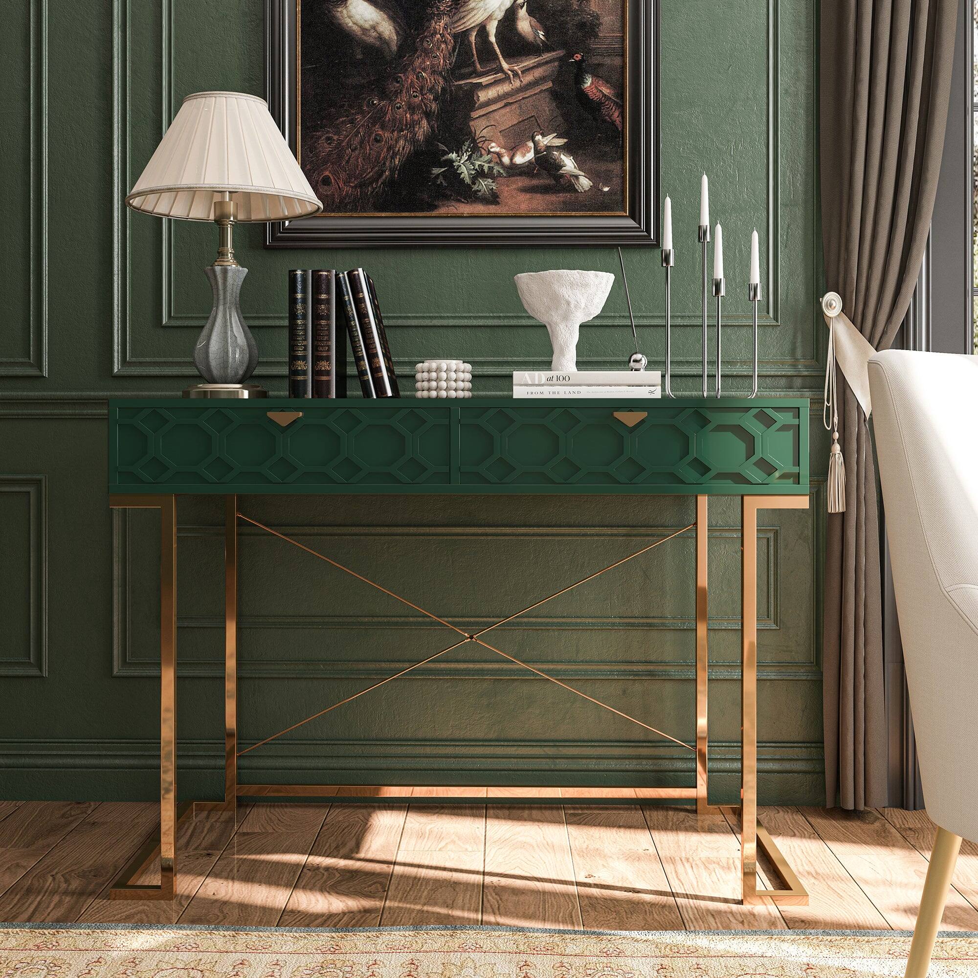 Alt View 7. Boyel Living - 42 in. Rectangular Green Wood End Table Writing Desk with Metal Stand - Green.