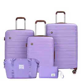 Travelhouse - 5‑Piece Hardshell Luggage Set, Striped Lightweight Suitcase with TSA Lock, 360° Spinner Wheels for Family Travel - Purple