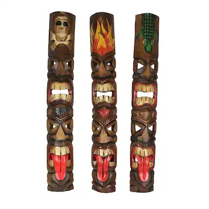 Front. Zeckos - Set of 3 Double Tiki Mask Totem Hand Carved Wall Decor Tribal Sculpture 40 Inch - Multicolored.