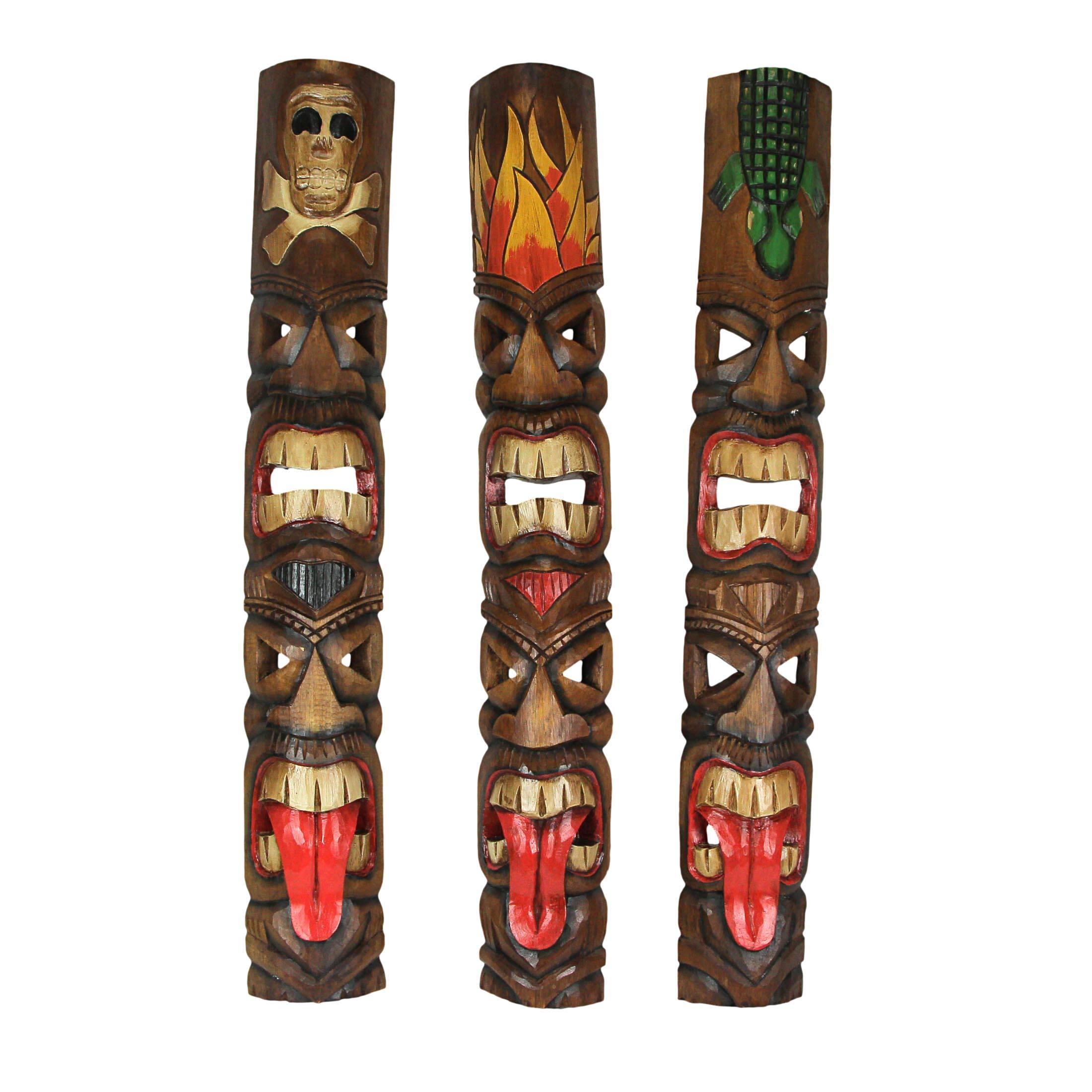Front. Zeckos - Set of 3 Double Tiki Mask Totem Hand Carved Wall Decor Tribal Sculpture 40 Inch - Multicolored.