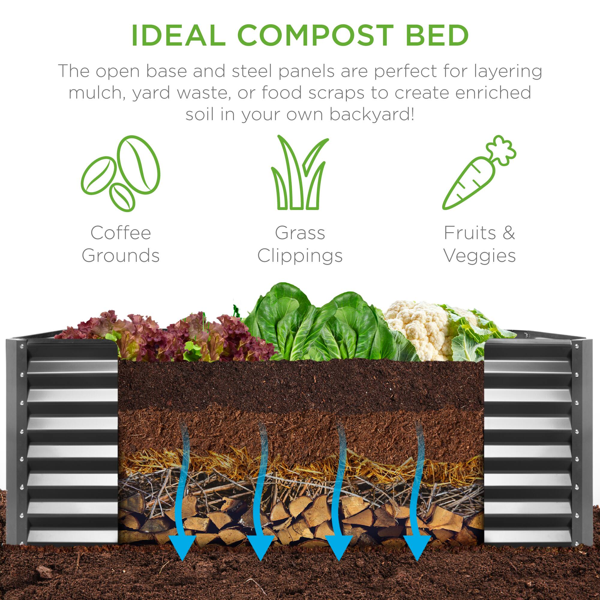 IDEAL COMPOST BED

The open base and steel panels are perfect for layering mulch, yard waste, or food scraps to create enriched soil in your own backyard!

- Coffee Grounds
- Grass Clippings
- Fruits & Veggies