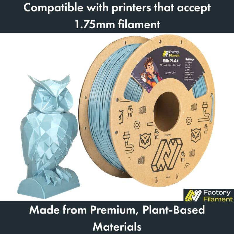 Compatible with printers that accept 1.75mm filament

Factory Filament SilkPLA+ Settings - 30 30PrinterFilament 20 - C a -08C Made in USA

Made from Premium, Plant-Based Materials