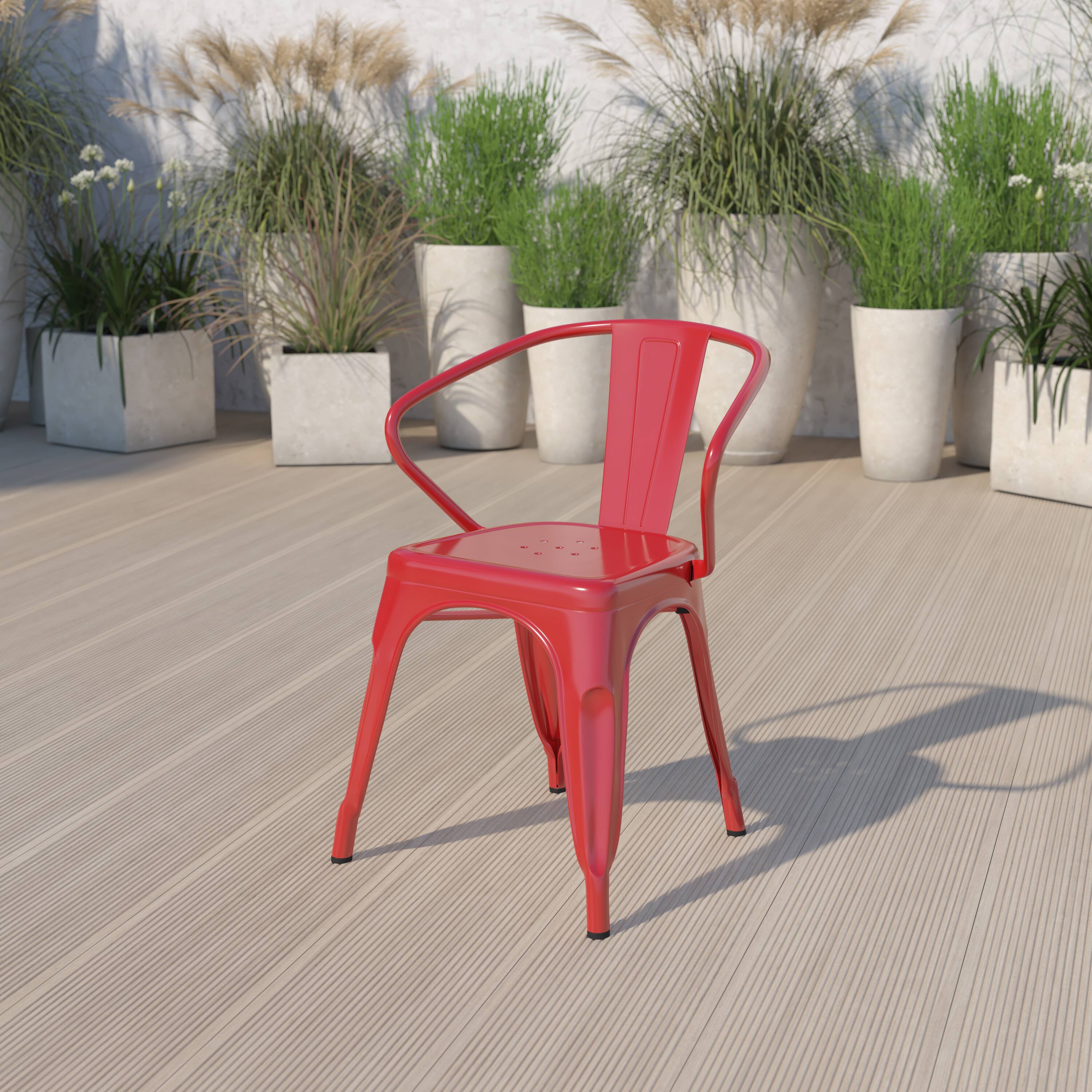 Alt View 1. Emma + Oliver - Commercial Grade Colorful Metal Indoor-Outdoor Chair with Arms - Red.