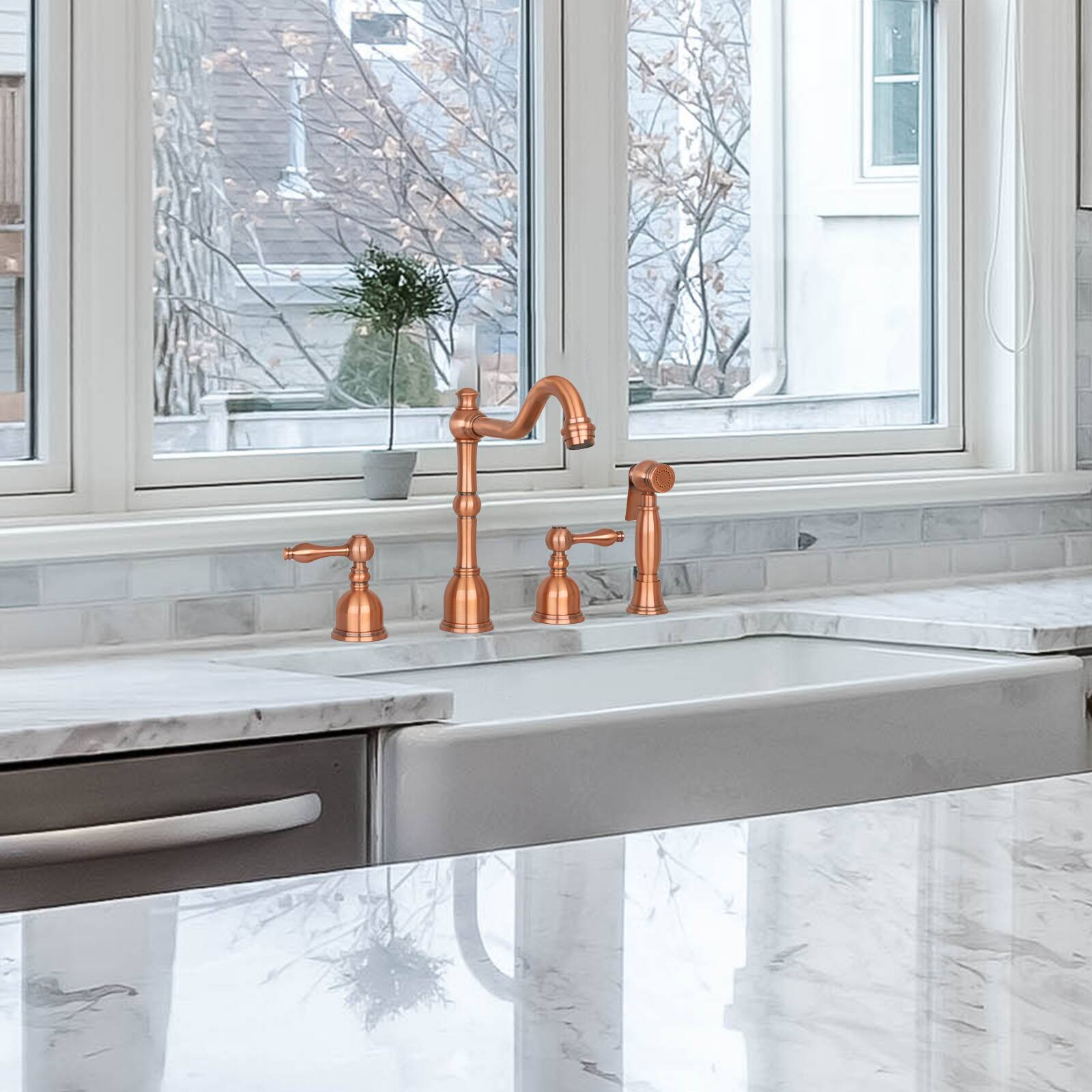 Alt View 5. Akicon - Akicon Solid Brass Two-Handles 360° Swivel Widespread Kitchen Faucet with Side Sprayer in Copper - Copper.