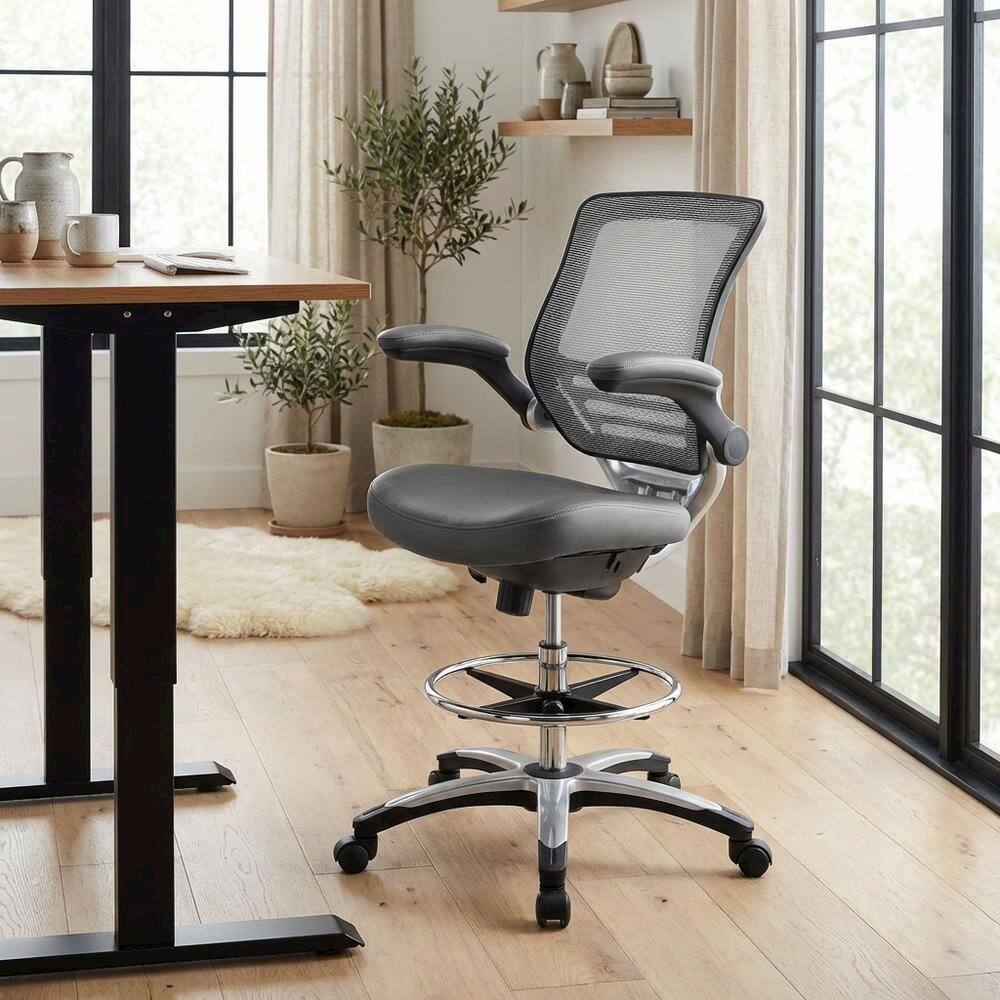 Back. FurniFact - Bicast Leather Task Drafting Chair with Armrests and Adjustable Height - Gray.