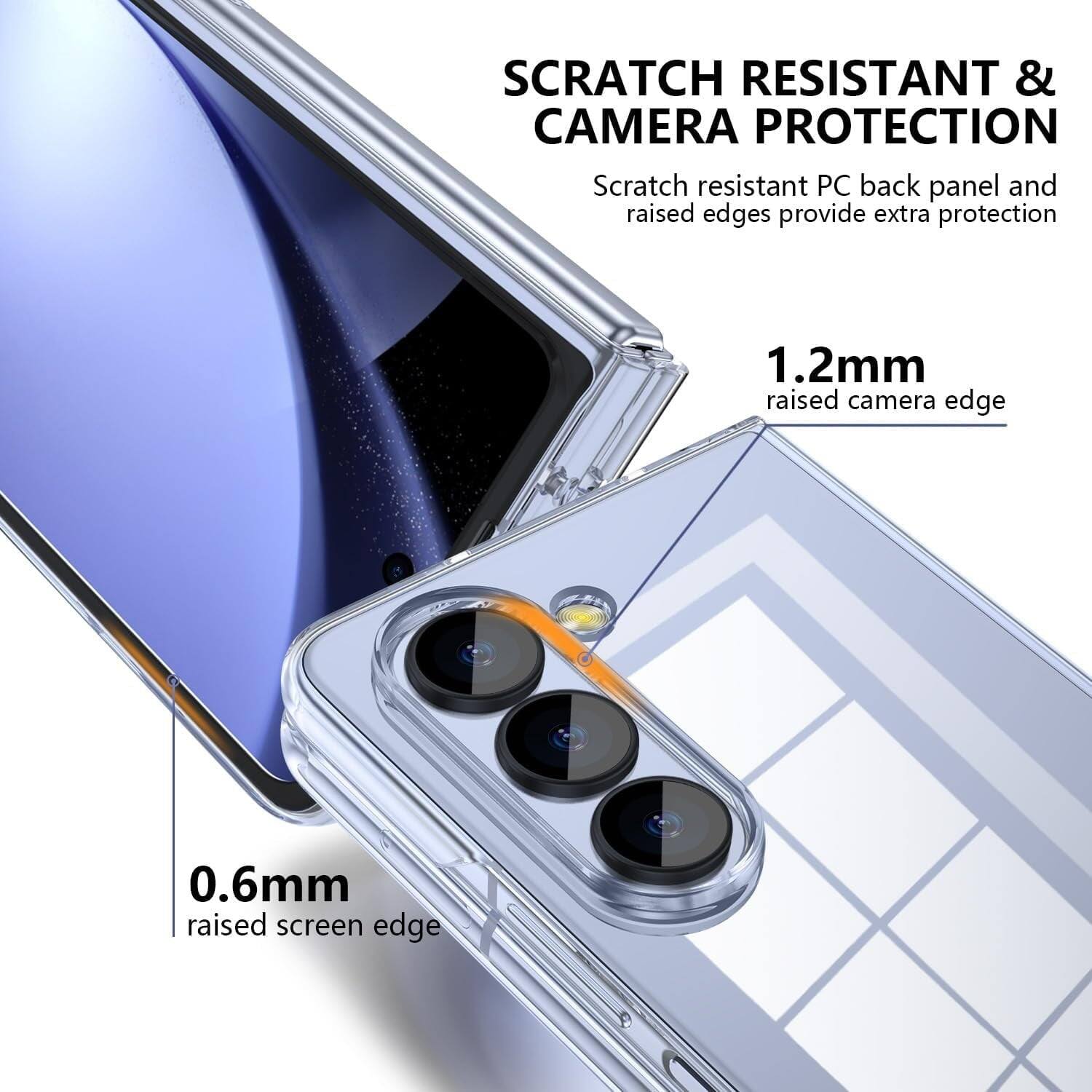 SCRATCH RESISTANT & CAMERA PROTECTION

Scratch resistant PC back panel and raised edges provide extra protection

1.2mm raised camera edge
0.6mm raised screen edge