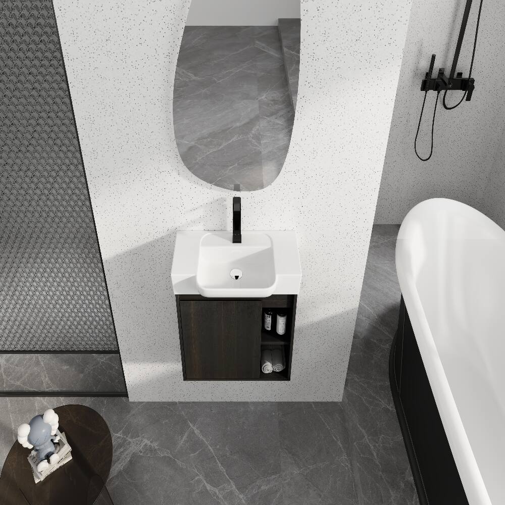 Alt View 2. Loheer - Loheer 24 inch wall mounted bathroom vanity dark oak floating vanity with white ceramic sink - Dark Oak.