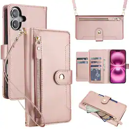 Dteck - Crossbody Zipper Wallet Case for Apple iPhone 16,Faux Leather Magnetic Closure Flip Credit Card Holder Cover+Lanyard - Rosegold