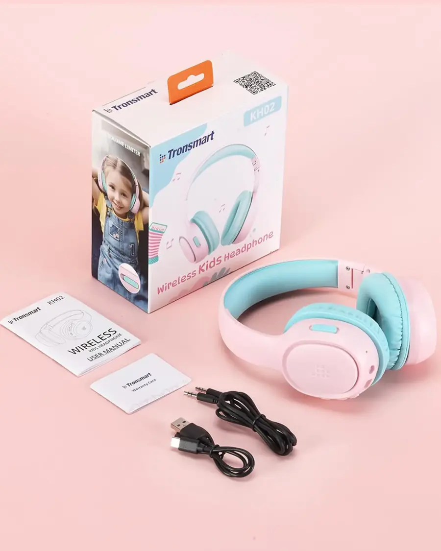 Tronsmart KHO2 Wireless Headphone for Kids, Pink, with Volume Limiter and Manual.