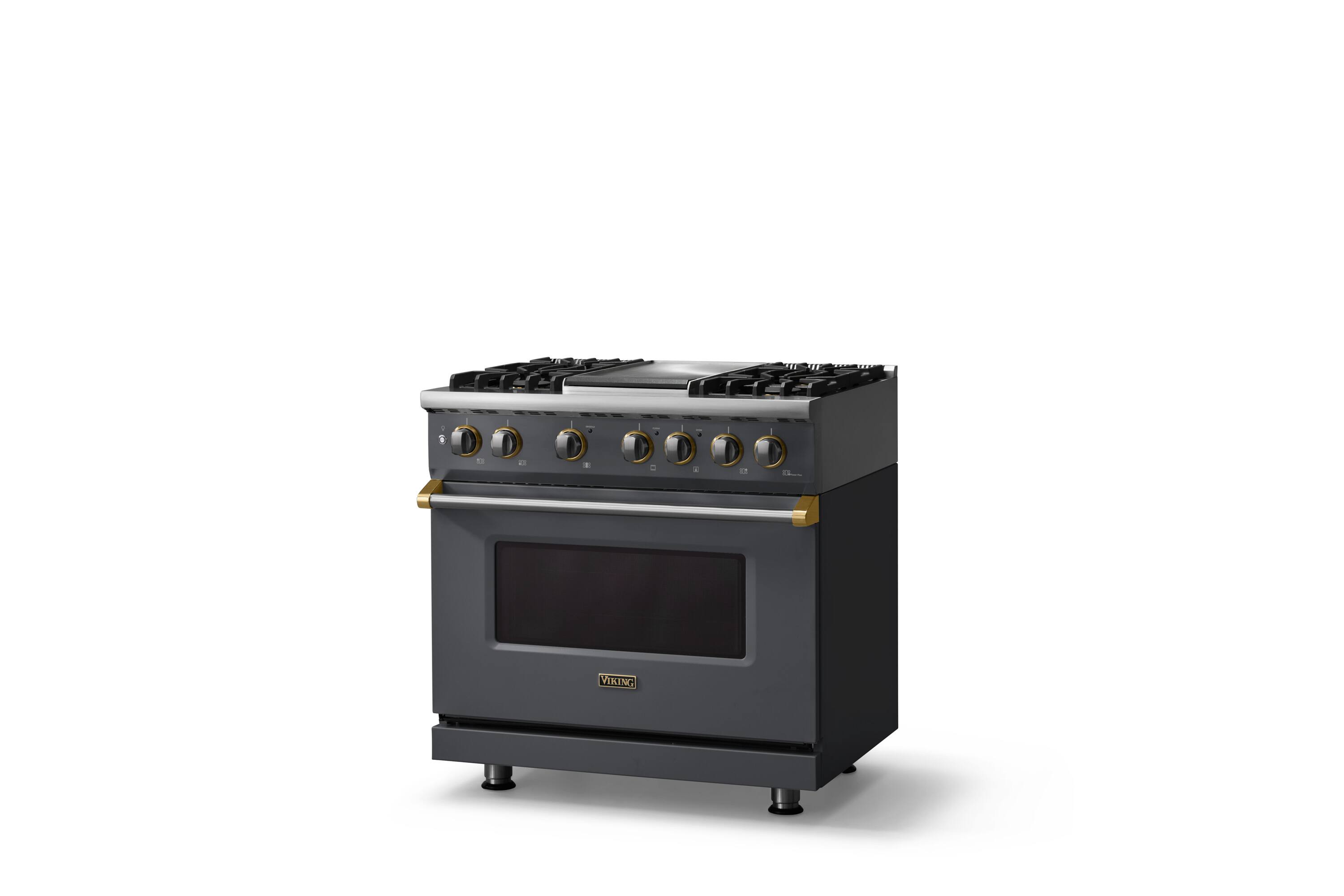 Angle. Viking - 36 in. Wide 4 Burner Pro 5 Series 5.6 Cu. Ft. Freestanding Sealed DF Convection Range/Griddle with Brushed Brass Trim - Cast Black.