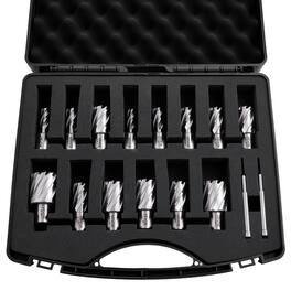 VEVOR - Annular Cutter Set, 16 pcs Weldon Shank Mag Drill Bits Kit, 1" Cutting Depth, 7/16" to 1-3/8" Cutting Diameter, HSS - Silver + Black