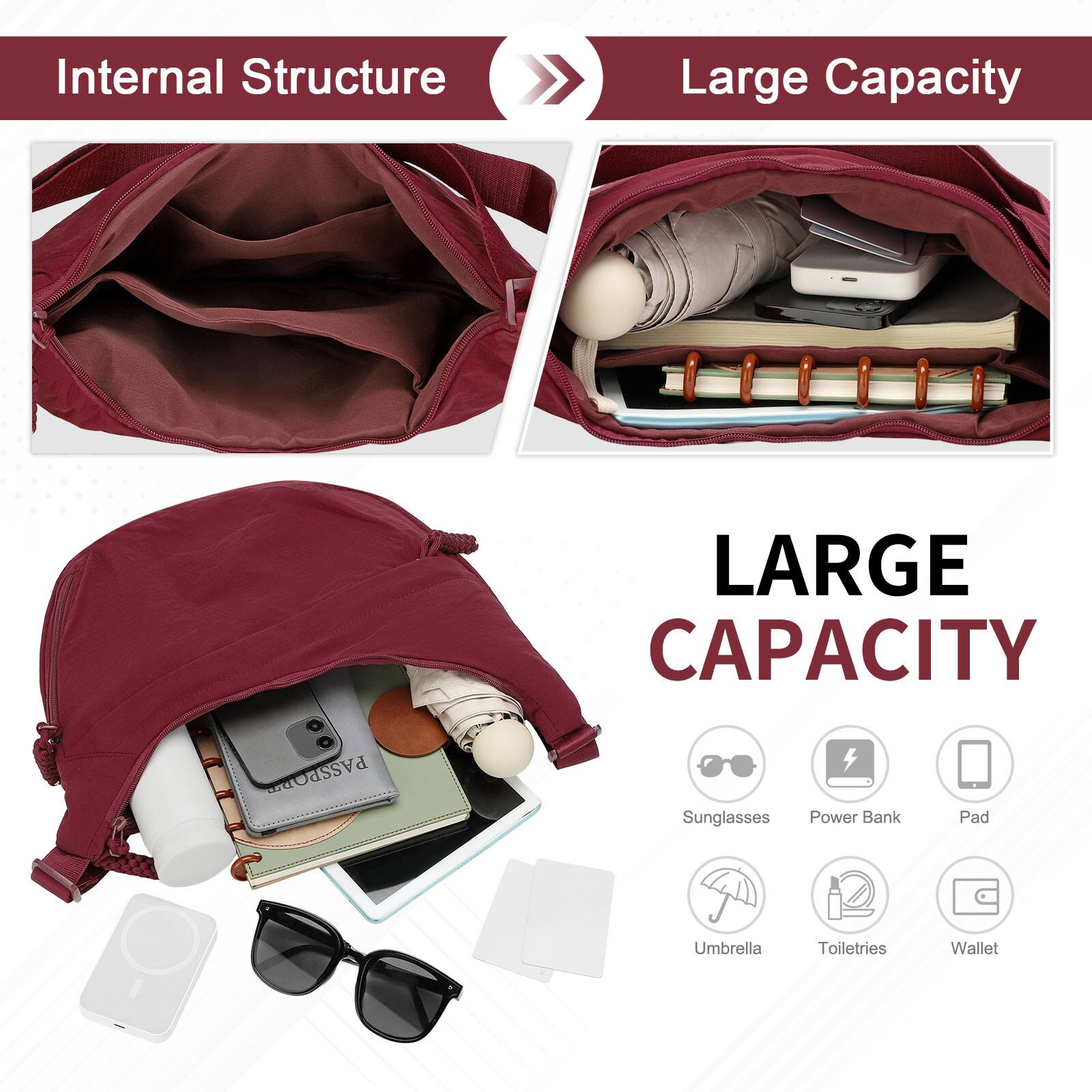 Internal Structure Large Capacity

LARGE CAPACITY

- Sunglasses
- Power Bank
- Pad
- Umbrella
- Toiletries
- Wallet