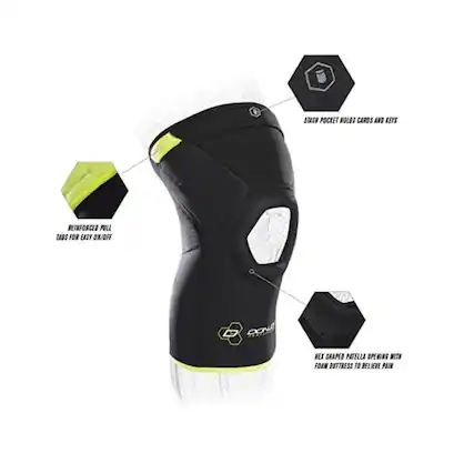 STASH POCKET HOLDS CARDS AND KEYS
REINFORCED PULL TABS FOR EASY ON/OFF
HEX SHAPED PATELLA OPENING WITH FOAM BUTTRESS TO RELIEVE PAIN