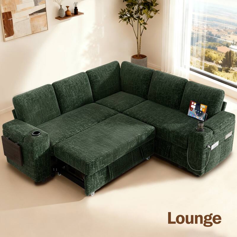 Back. Dyonery - 85" Modular 5 Seat L Shaped Couch with Reclining Backrest|USB Ports|Cup Holders|Side Table|Storage Chaise Armrests - Green.