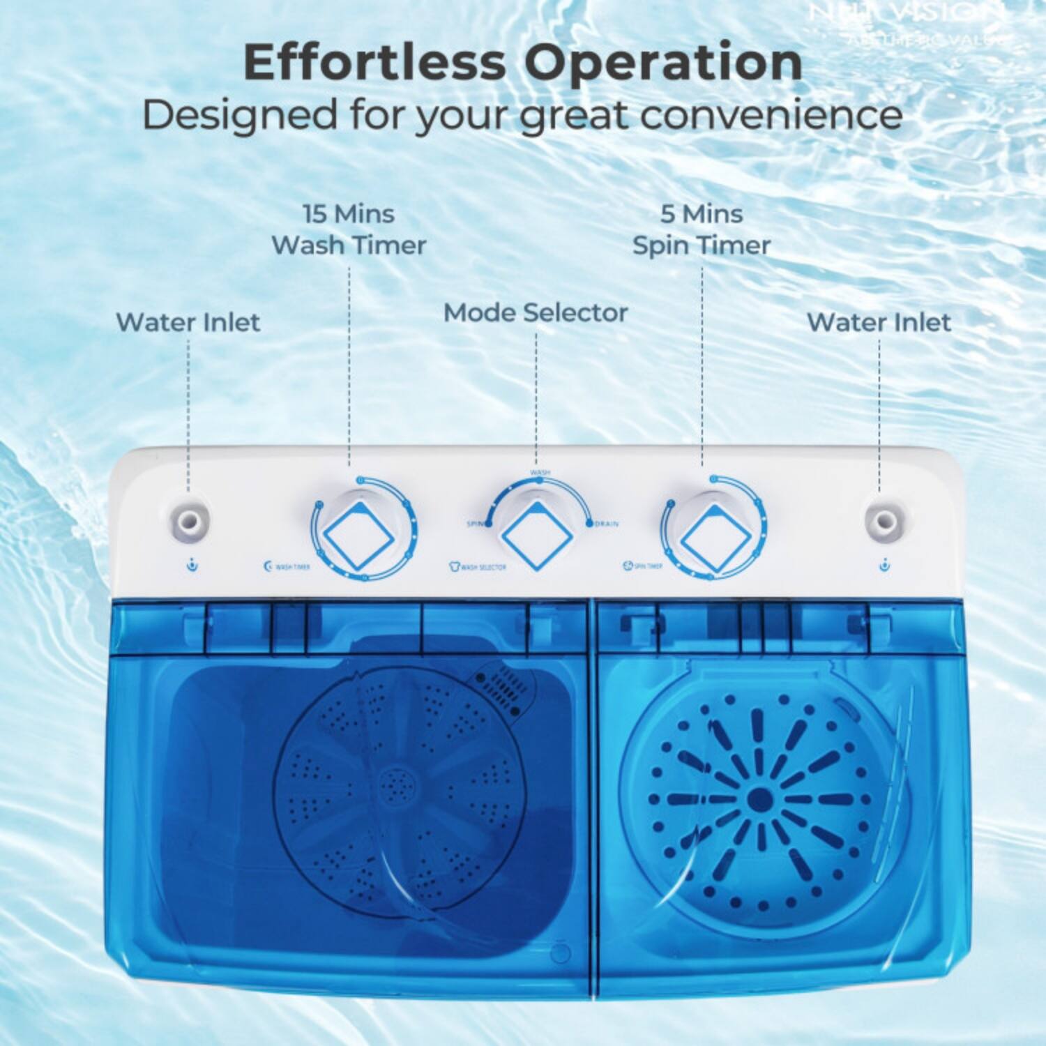 Effortless Operation  
Designed for your great convenience  

15 Mins Wash Timer  
5 Mins Spin Timer  
Water Inlet Mode Selector  
Water Inlet