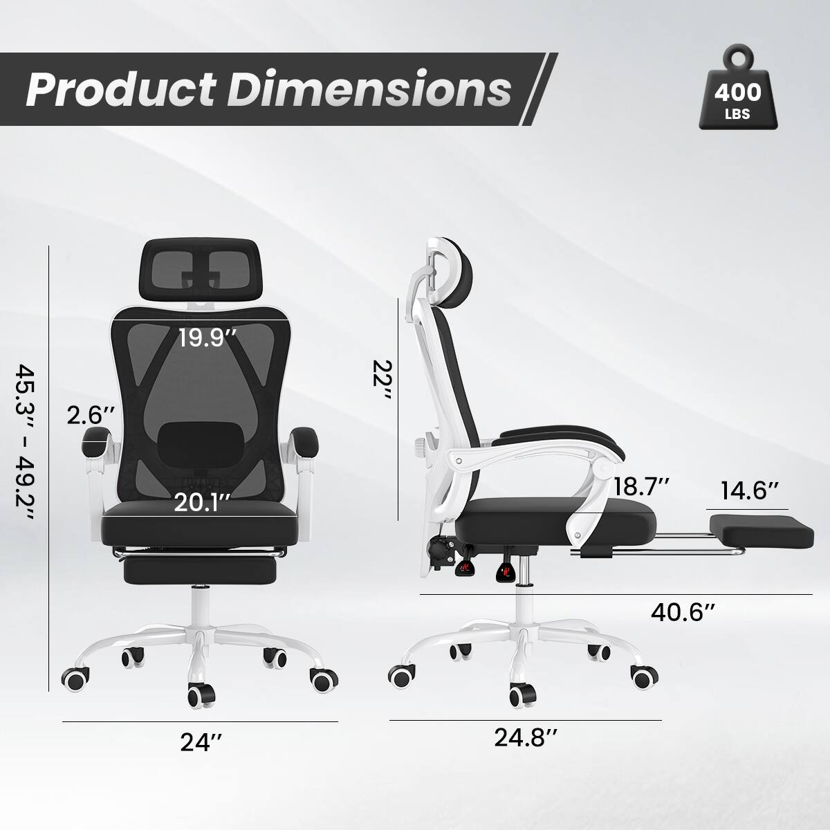 Product Dimensions: 400 LBS  
I: 2.6" 19.9" 20.1" 22"  
Y: 18.7" 14.6" 40.6" 24" 24.8"