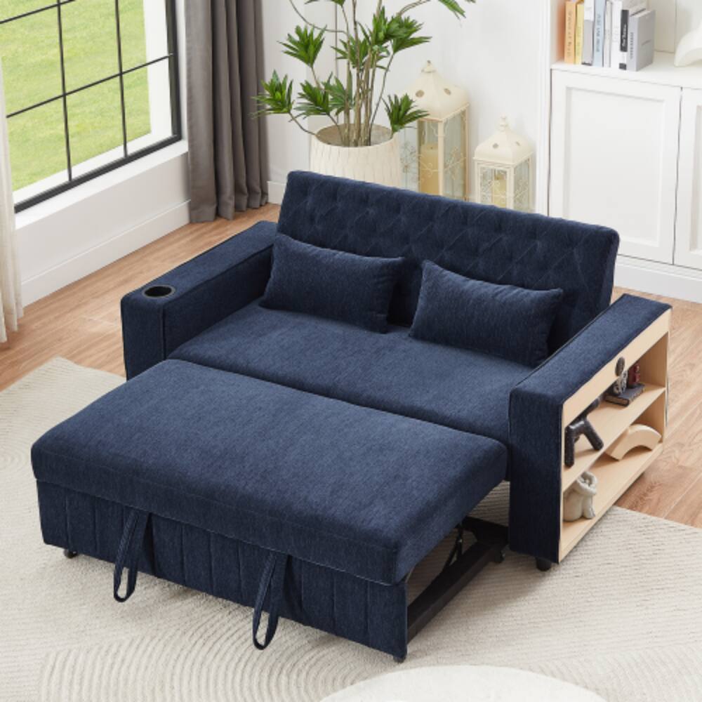 Angle. LUCKY ONE - 61.4" Pull-Out Convertible Loveseat Sofa Bed w/ Adjustable Backrest USB Cup Holders - Blue.