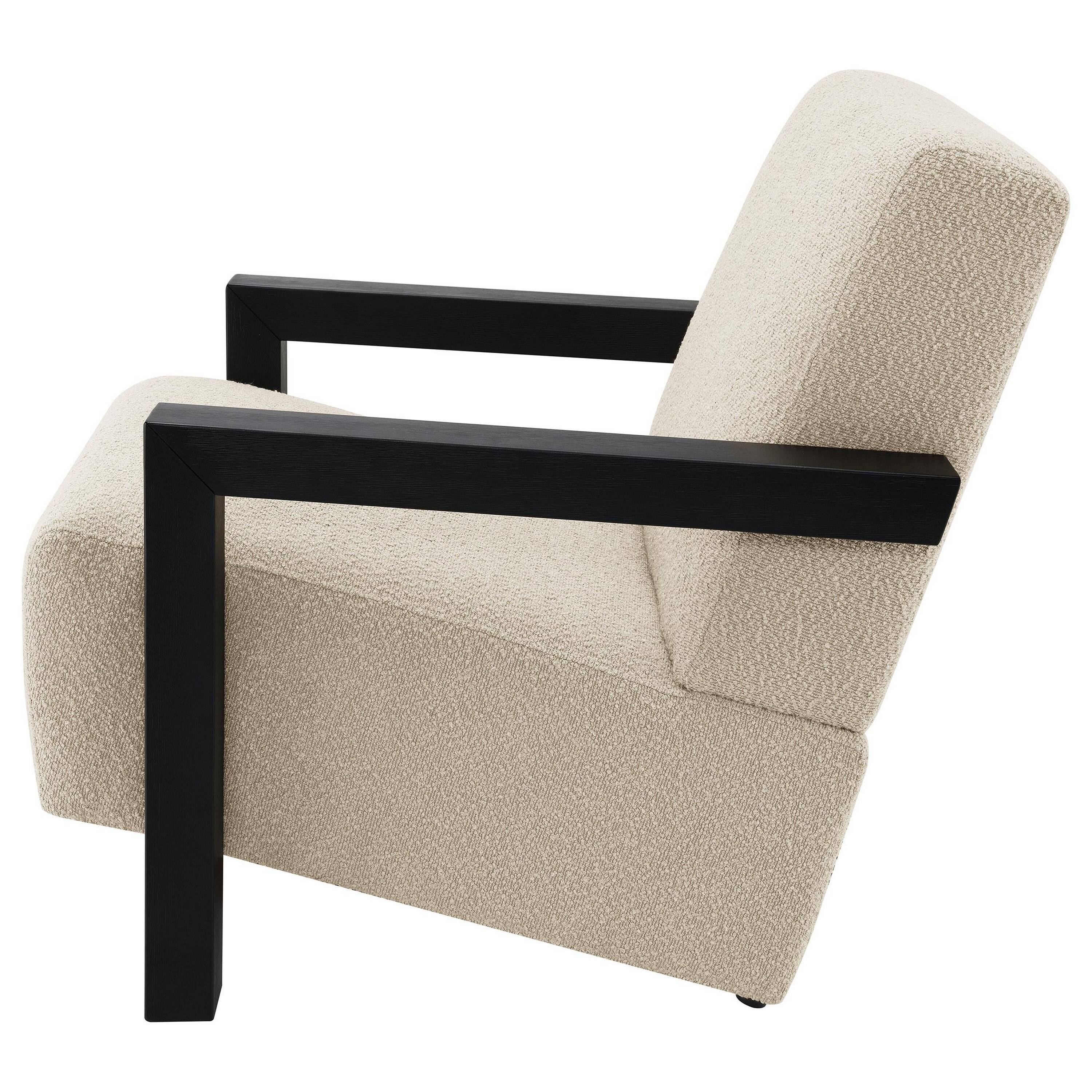 Back. Manhattan Lane - Fitz Accent Chair, Soft Latte  Boucle Cushions,  Wood Arms - Latte Beige, Black.