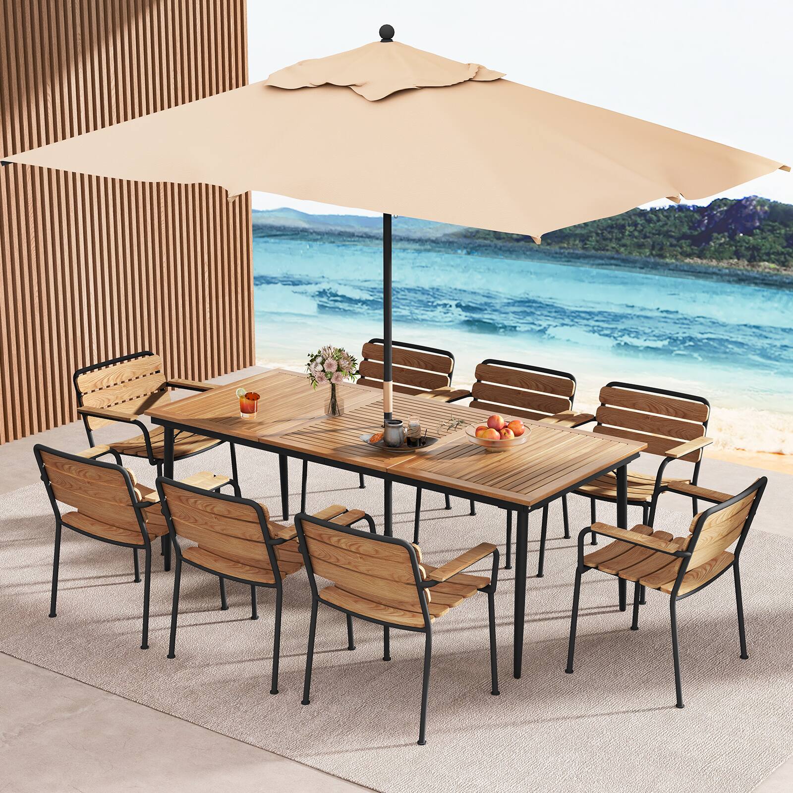 Alt View 7. Gymax - Gymax 79'' Outdoor Dining Table for 8 Acacia Wood Table w/ 1.9'' Umbrella Hole Patio - Natural, Black.