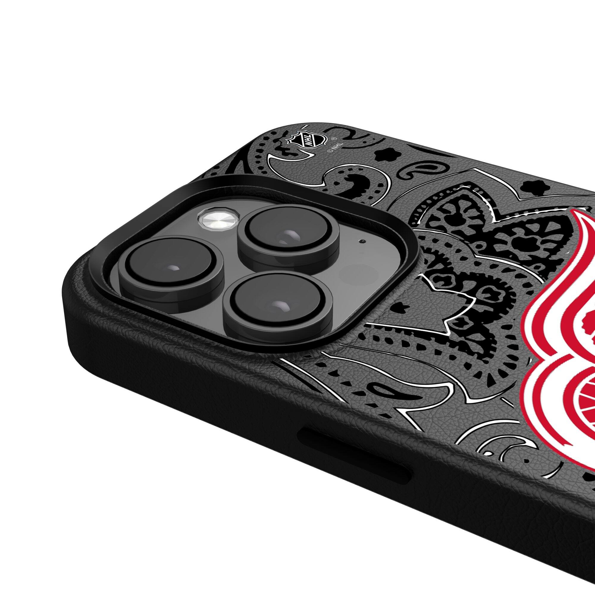 Alt View 3. Keyscaper - Black Detroit Red Wings Paisley iPhone Magnetic Bump Case - 16 Plus - Black.