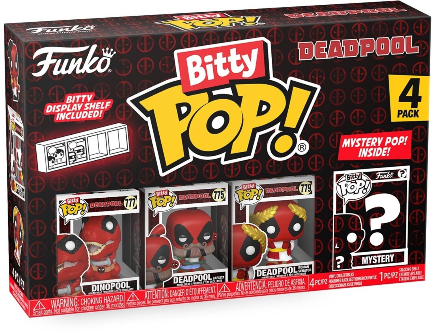 Bitty Funko, www.funko.com, DEADPOOL, Bitty DISPLAY SHELF, 4 PACK, INCLUDED!, POP!, MYSTERY INSIDE!, 1 PC/PZ, Bitty Funko, 4 PC/PZ, VINYL COLLECTIBLES, STACKING SHELF, ESTANTE APPLIABLE, EMPILABLE, ARCI, FEE, m, 1 PC/PZ, VINYL, COLLECTIONNER, ETAGERE, DEADPOOL BARISTA, FIGURINES, DEADPOOL SENATOR, ASFIXIA, DINOPOOL, WARNING: CHOKING HAZARD, Small parts. Not suitable for children under 36 months, Petites pieces, Peligro de touffement, Ne convient pas aux enfants de moins de 36 mois, Partes pequeñas, No es adecuado para menores de 36 meses, ATTENTION: DANGER, ADVERTENCIA: PELIGRO, DEADPOOL 775, DEADPOOL 779, DEADPOOL 777, POP!, ? MYSTERY, ?