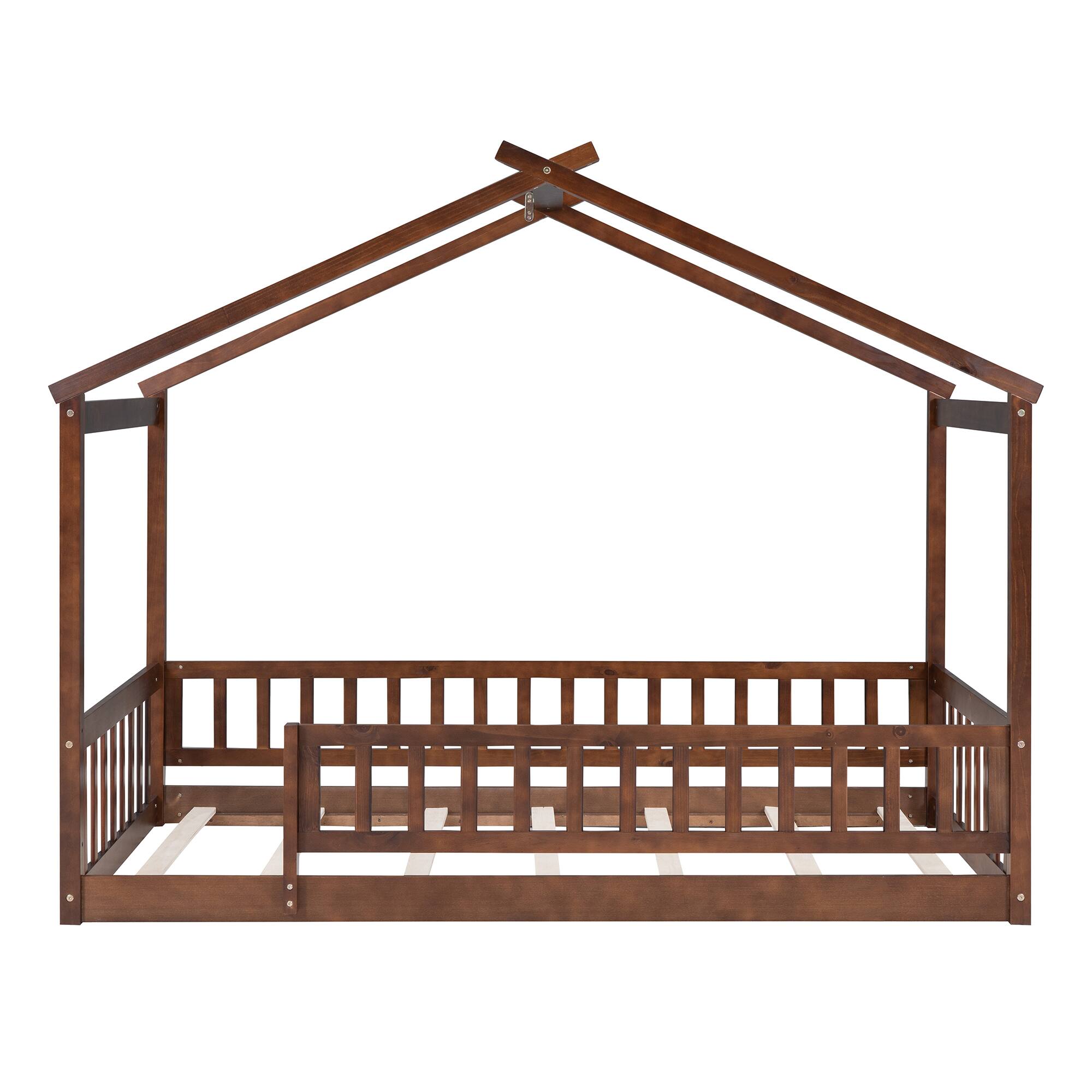Back. Whisen - Twin Size Wood House Bed Frame with Fence for Kids and Teens - Walnut.