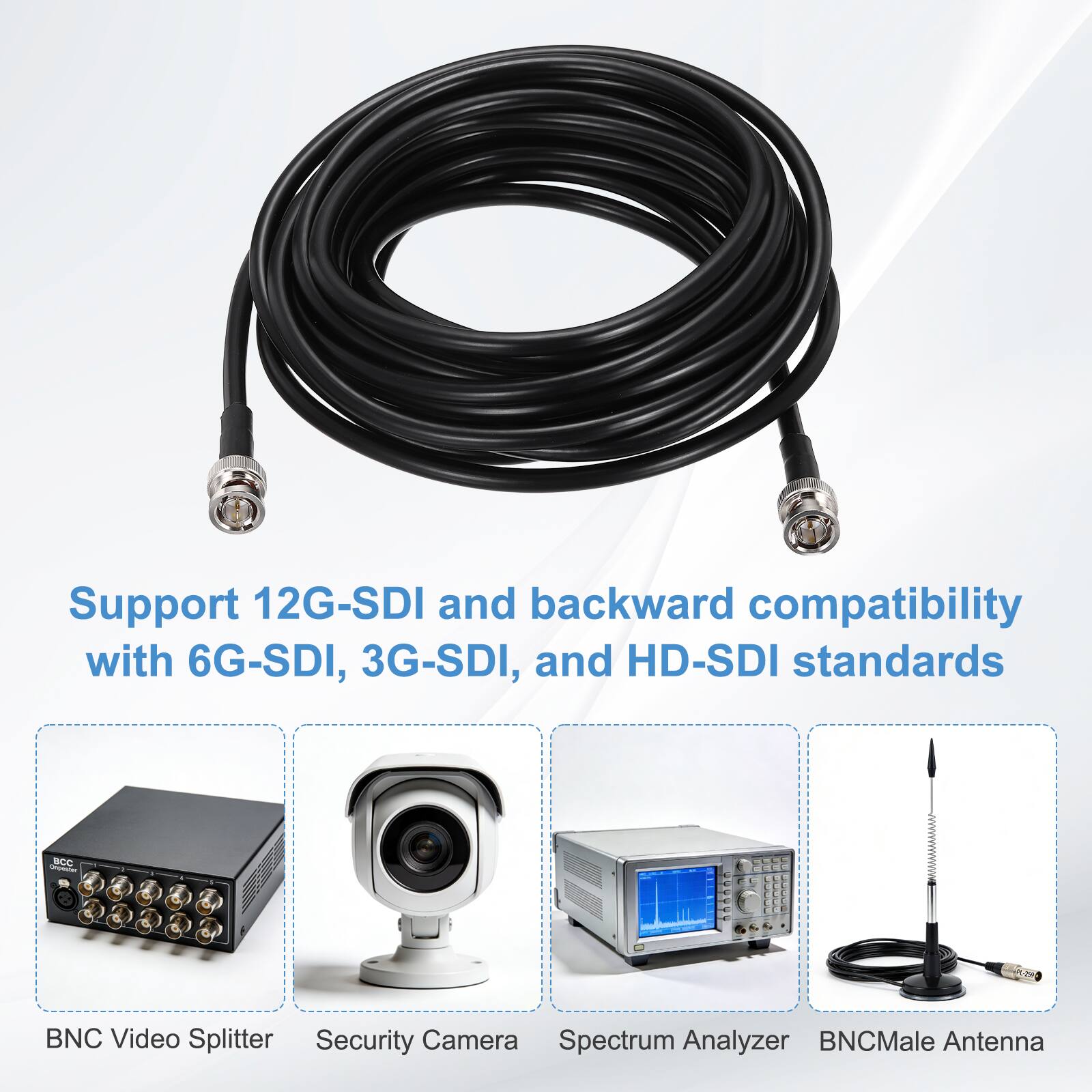 Support 12G-SDI and backward compatibility with 6G-SDI, 3G-SDI, and HD-SDI standards

BNC Video Splitter  
Security Camera  
Spectrum Analyzer  
BNC Male Antenna