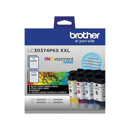brother at your side
LC30374PKS XXL
INKvestment TANK
VALUE PACK
PAQUET ECONOMIQUE
PAQUETE ECONÓMICO
PACOTE ECONÔMICO
BK 3000* page yield
C/M/Y 1500* page yield
B BLACK / NOIR / NEGRO / PRETO
C CYAN / CIAN / CIANO
M MAGENTA
Y YELLOW / JAUNE / AMARILLO / AMARELO
MFC-J5845DW MFC-J5945DW
MFC-J6545DW MFC-J6945DW
LC30374PKS XXL