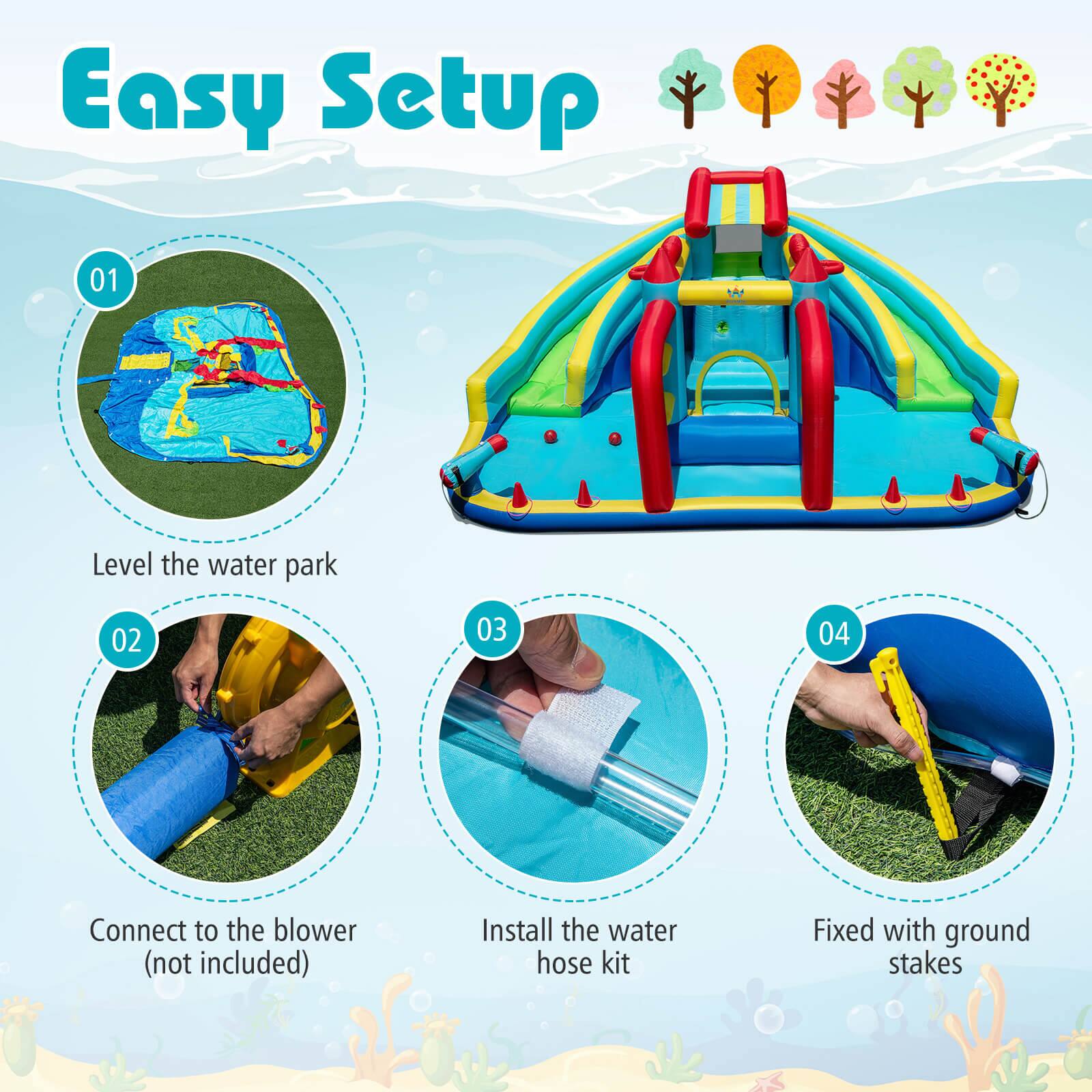 Easy Setup

01 Level the water park

02 Connect to the blower (not included)

03 Install the water hose kit

04 Fixed with ground stakes