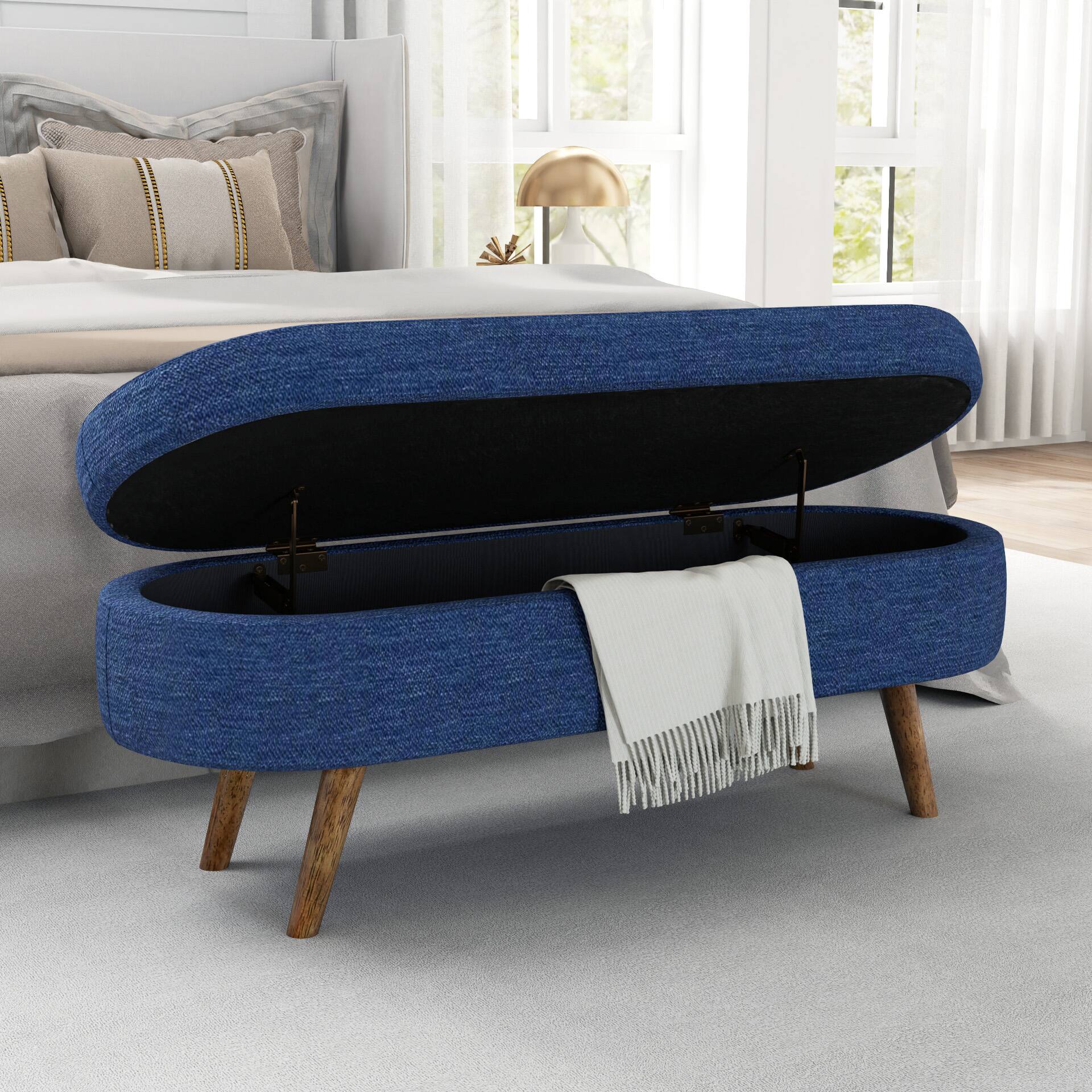 Left. GOODSILO - Elegant Fabric Storage Ottoman Bench with Wooden Legs for Living Room or Bedroom Footrest and Seating - Blue.