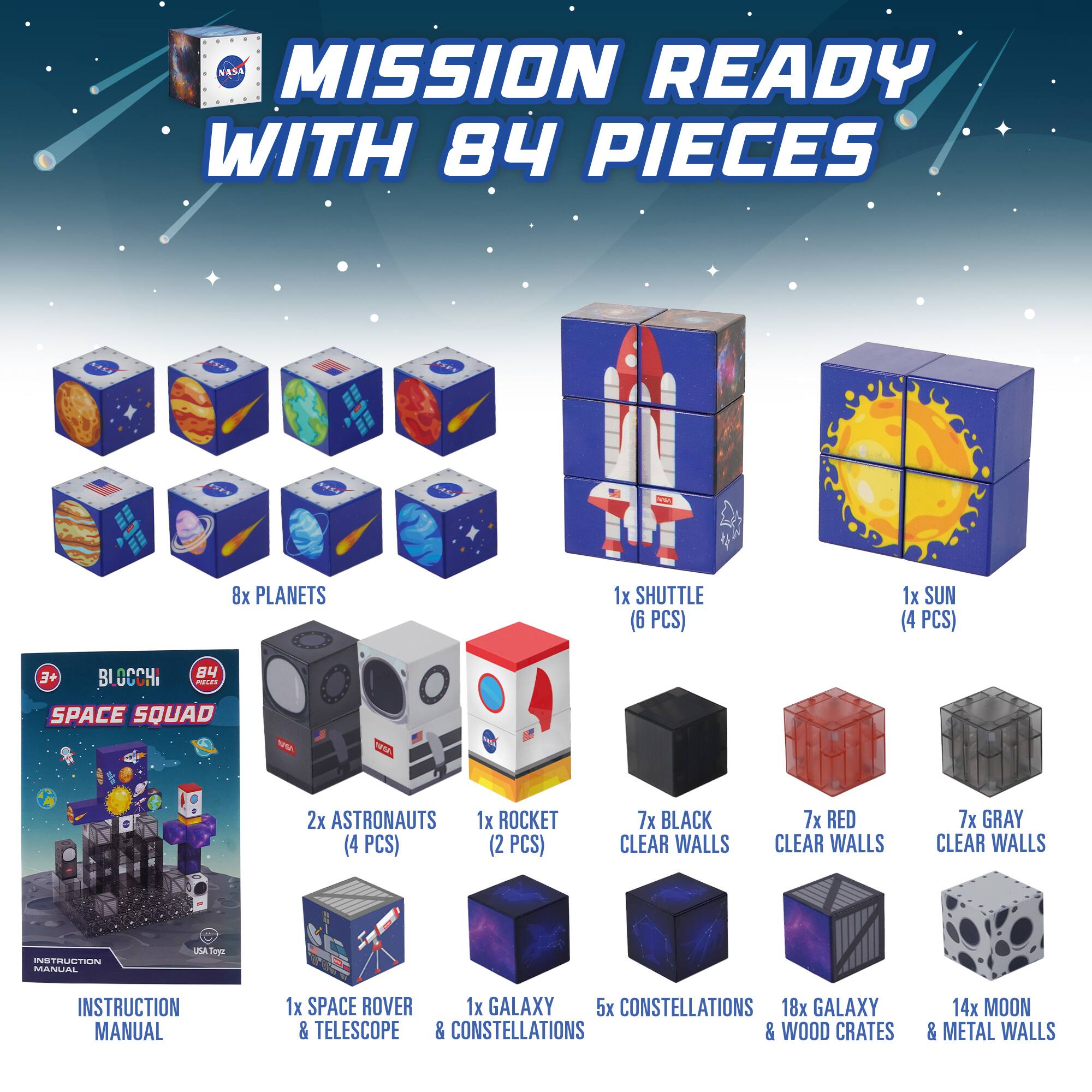 NESA MISSION READY WITH 84 PIECES

- 8x PLANETS
- 1x SHUTTLE (6 PCS)
- 1x SUN (4 PCS)
- 2x ASTRONAUTS (4 PCS)
- 1x ROCKET (2 PCS)
- 7x BLACK CLEAR WALLS
- 7x RED CLEAR WALLS
- 7x GRAY CLEAR WALLS
- INSTRUCTION MANUAL
- 1x SPACE ROVER
- 1x GALAXY
- 5x CONSTELLATIONS
- 18x GALAXY & TELESCOPE & CONSTELLATIONS & WOOD CRATES
- 14x MOON & METAL WALLS