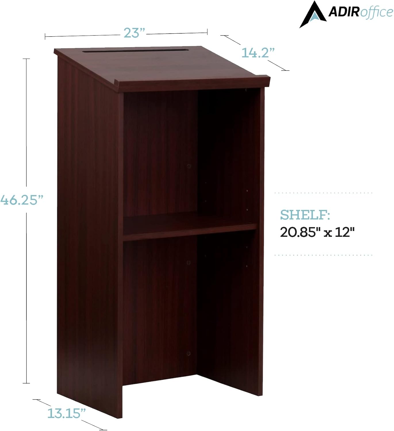 The corrected and grouped text from the image is:

- Height: 46.25"
- Width: 23"
- Depth: 14.2"
- Shelf dimensions: 20.85" x 12"
- Bottom shelf depth: 13.15"