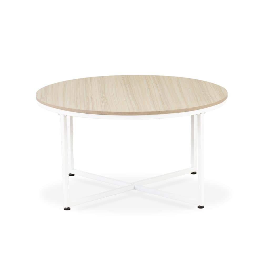 East West Furniture - Madison Round Coffee Table for Living Room, Mid Century Modern Coffee Table in Powder Coating Color - White