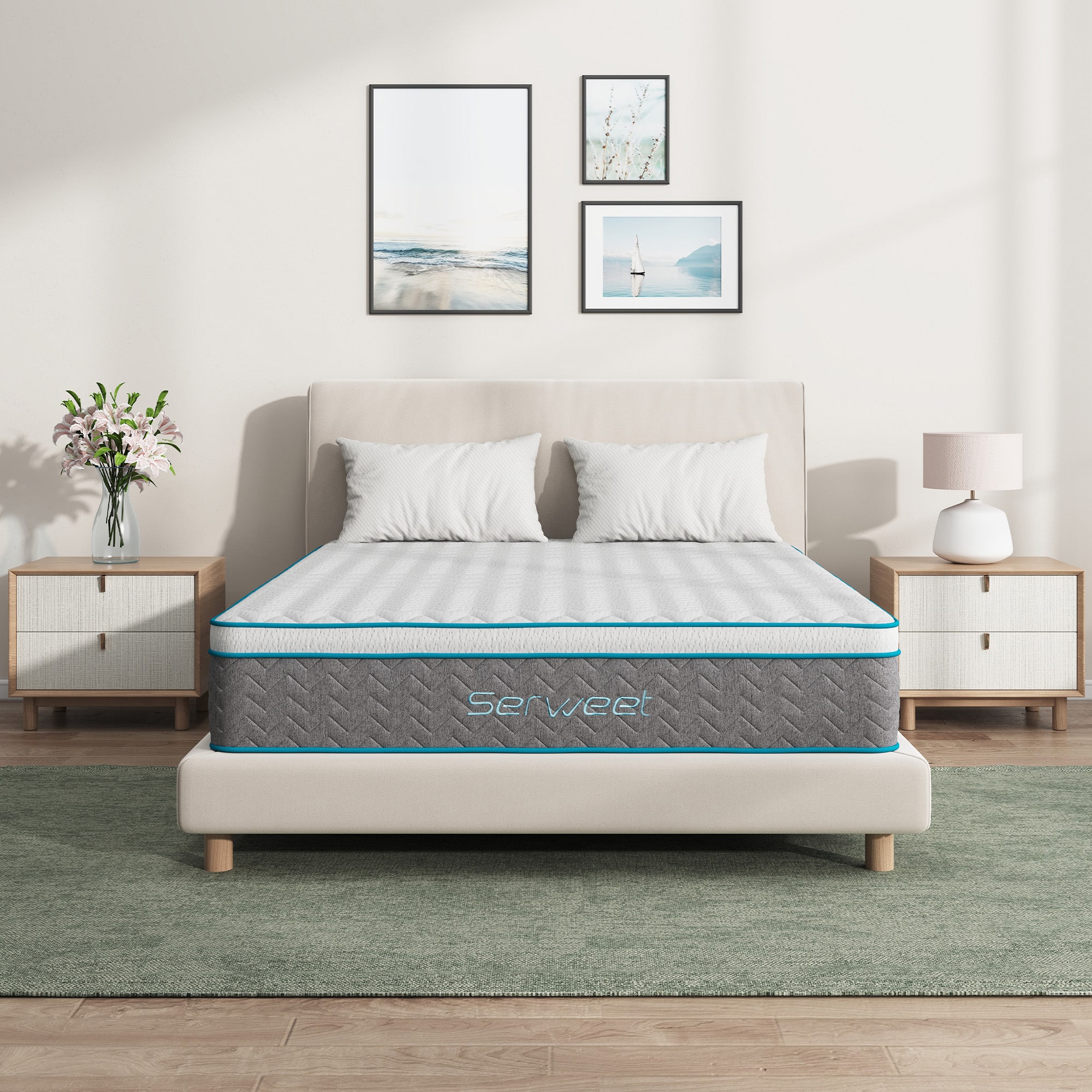 Serweet - 14 inch Breathable Bamboo Charcoal Hybrid Mattress Queen - White