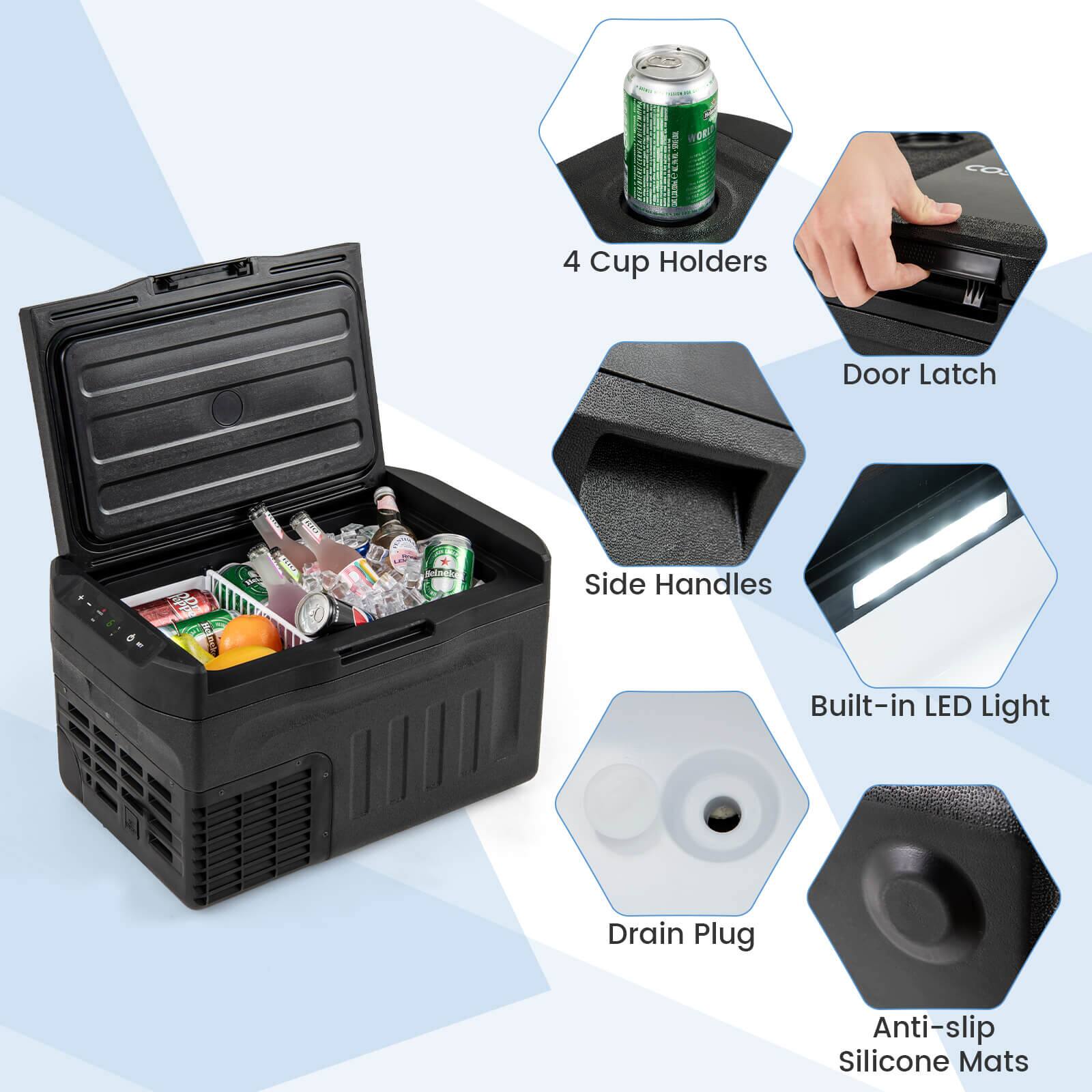 - 4 Cup Holders
- Door Latch
- Side Handles
- Built-in LED Light
- Drain Plug
- Anti-slip Silicone Mats