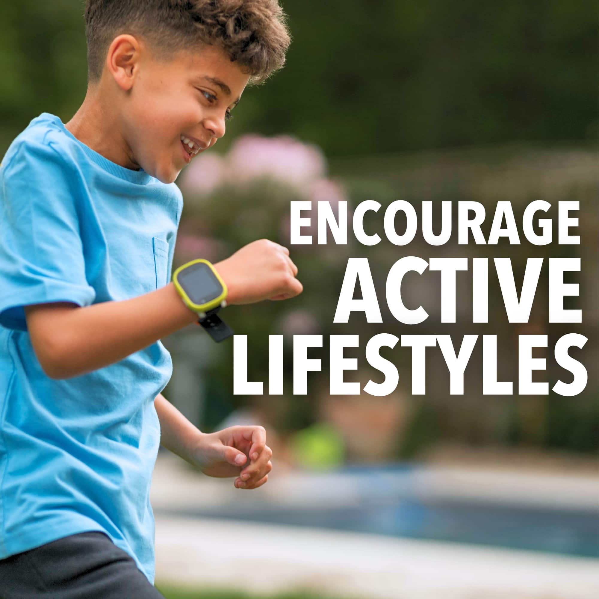 The image features a young boy wearing a blue shirt and a watch, running and smiling. The text "Encourage Active Lifestyles" is placed above the boy, emphasizing the importance of promoting an active lifestyle for children. The boy's joyful expression and the outdoor setting suggest that engaging in physical activities can be fun and enjoyable for kids.