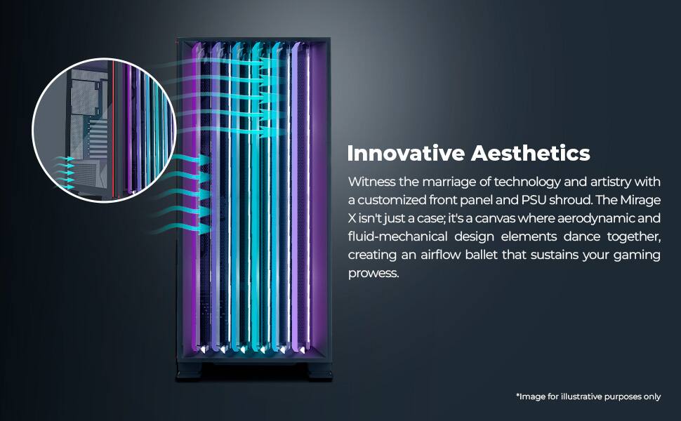 Innovative Aesthetics

Witness the marriage of technology and artistry with a customized front panel and PSU shroud. The Mirage X isn't just a case; it's a canvas where aerodynamic and fluid-mechanical design elements dance together, creating an airflow ballet that sustains your gaming prowess.

*Image for illustrative purposes only