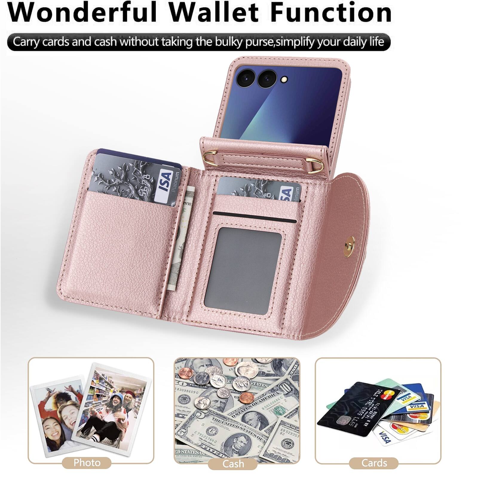 Wonderful Wallet Function  
Carry cards and cash without taking the bulky purse, simplify your daily life  

ISA Plabnum PC SA I Photo ONE TITEA 09C OL ER ATEN CR O THIESX P O 2 9529359 7822278N8 OSTATES BV 3 Cash CELZ 050s I LLAS In VISA Cards VISA VIA