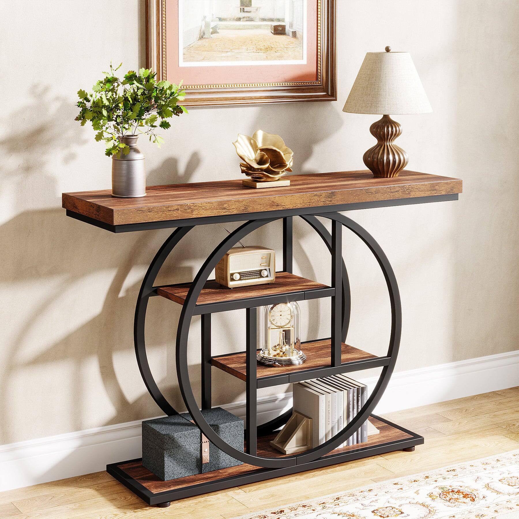 Front. Tribesigns - Console Table with Storage Shelves and Space-Saving Design for Entryway, Hallway and Living Room - Brown.