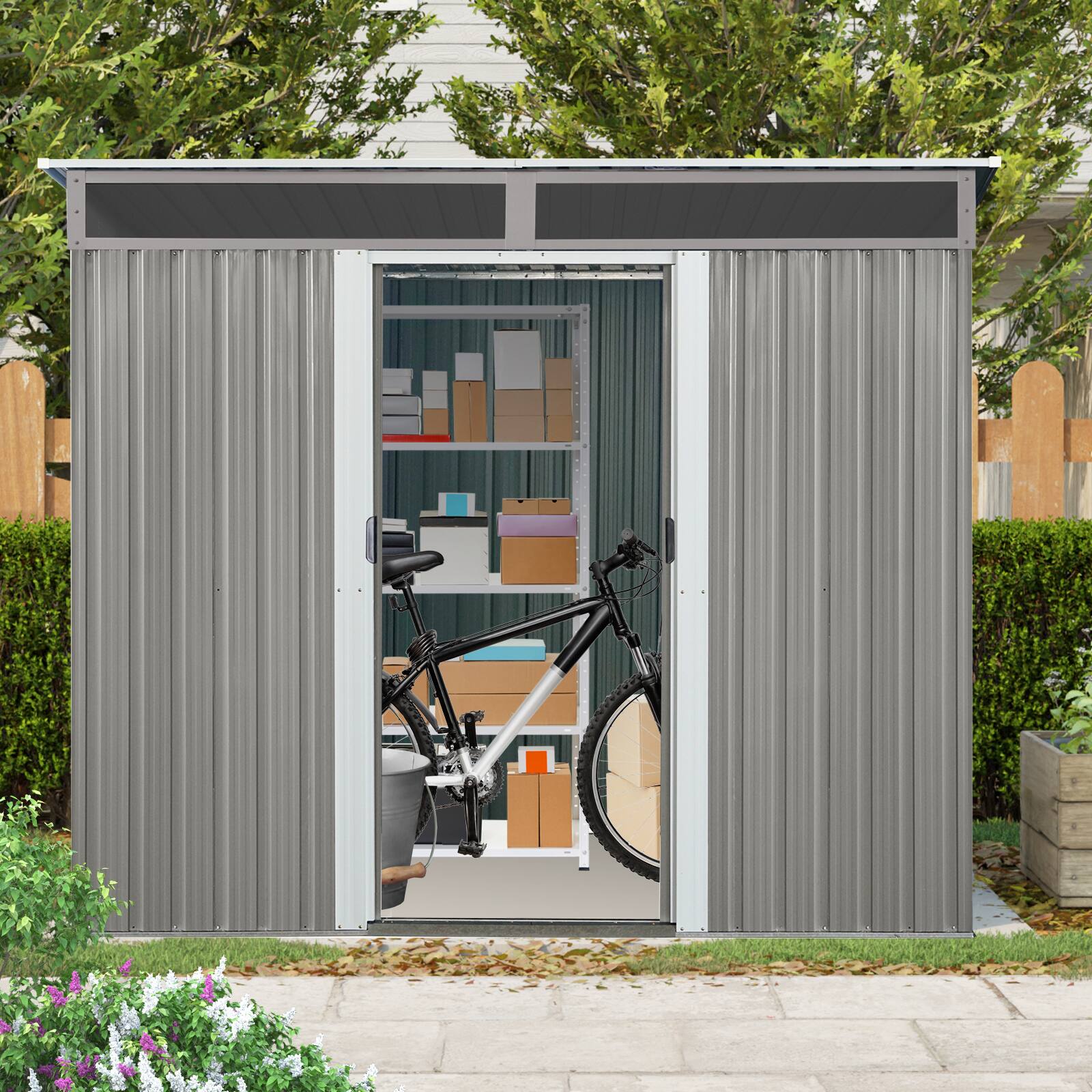 Left. Mondawe - 8 ft x 6 ft Outdoor Metal Storage Shed with Window - Gray.