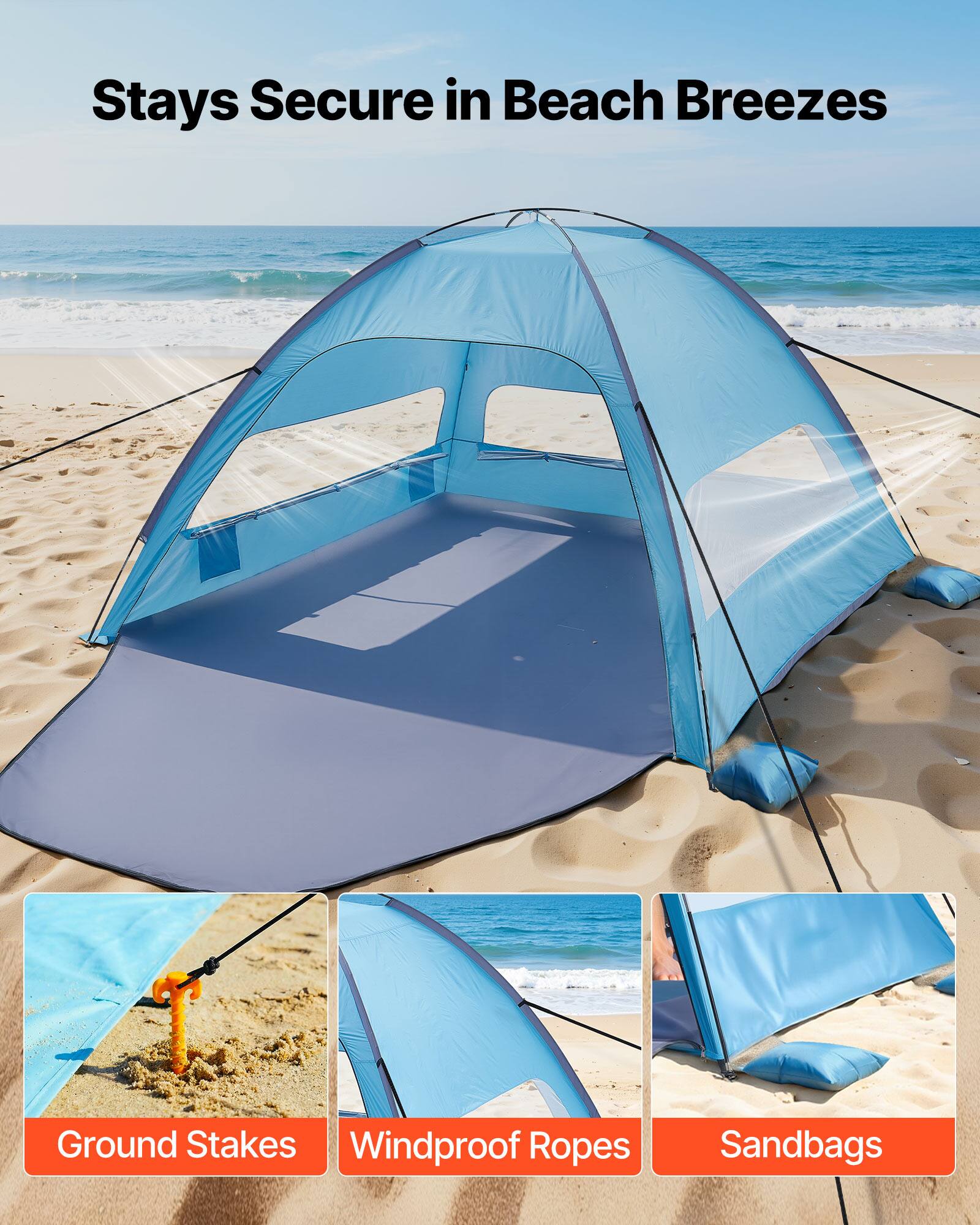 Stays Secure in Beach Breezes

Ground Stakes
Windproof Ropes
Sandbags